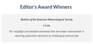 恭喜本系林依依老師榮獲美國氣象學會編輯獎（Editor Award of BAMS）