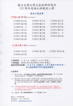 [招生]112學年度碩士班甄試符合口試名單